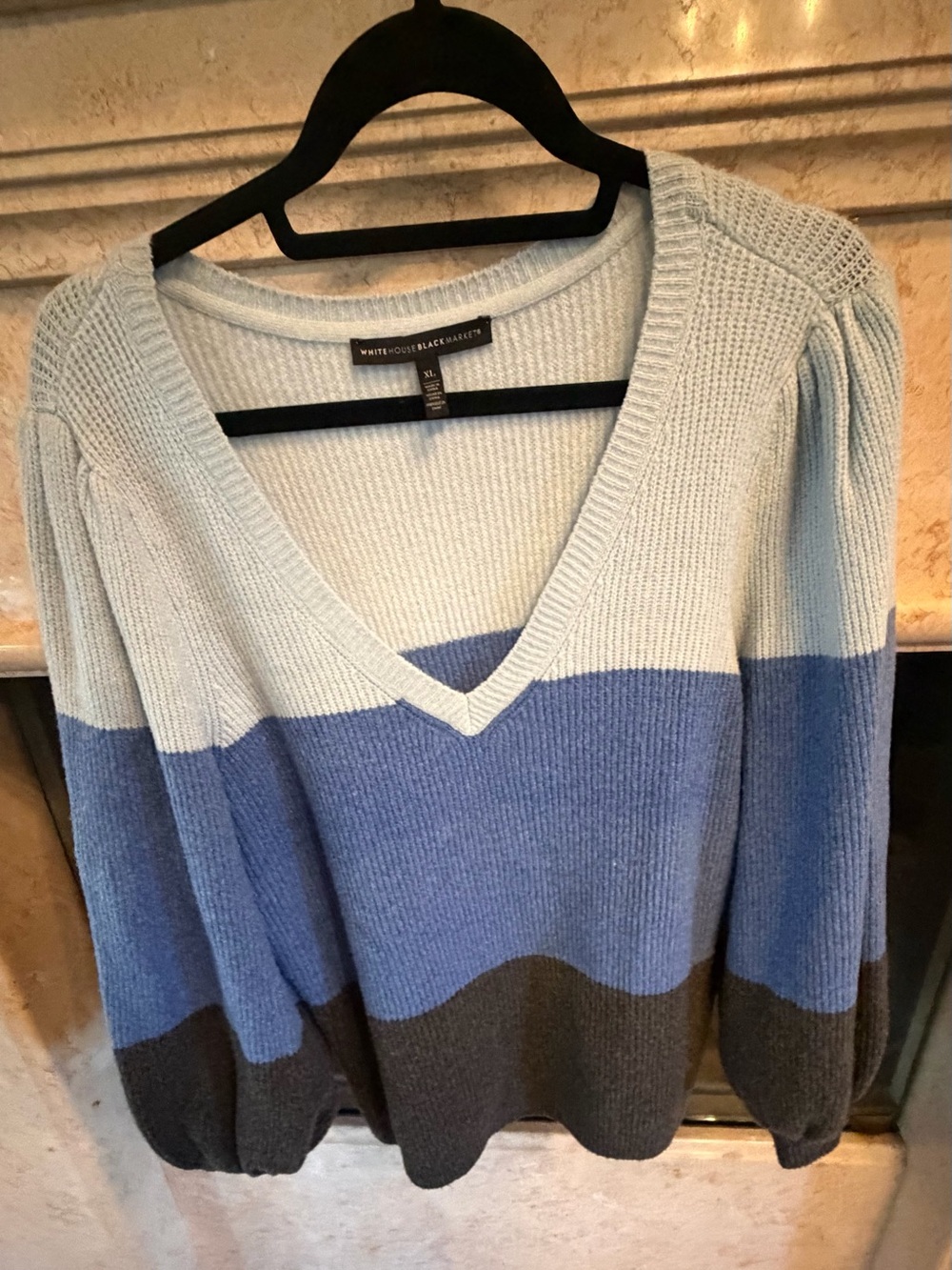 White House Black Market Blue Colorblock V-Neck Sweater